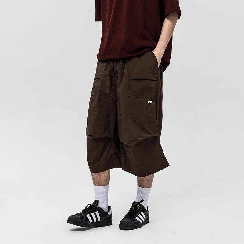Japanese Style Trendy 2024 Summer New Men's Solid Loose Pockets Folds Drawstring Straight Casual Elastic Waist Call Length Pants