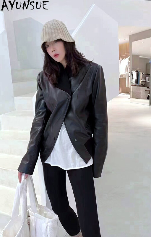 AYUNSUE 여성용 진짜 가죽 재킷, 진짜 양가죽 코트, 짧은 슬림 가죽 재킷, 브이넥 자케타 쿠로 여성스러운, 2023 패션
