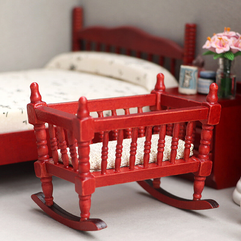 1:12 Dollhouse Miniature Baby Bed Mini Cradle Baby Cot Model Wooden Nursery Room Bedroom Furniture Doll House Decor Accessories