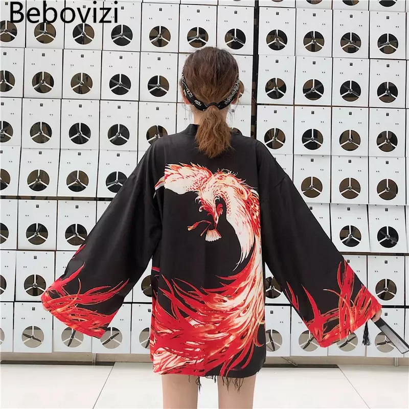 Bebovizi Japanischen Stil Flaming Phenix Print Strickjacke Kimono Harajuku Frauen Männer Sexy Yukata Weibliche Streetwear Traditionellen Haori