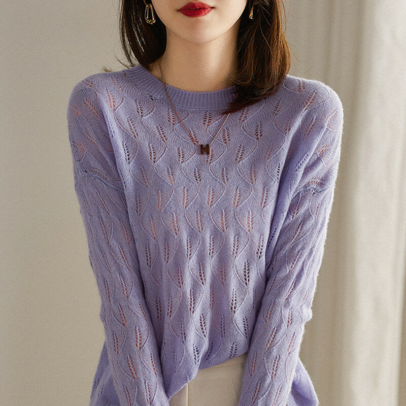 Pull tricoté ajouré à col rond pour femmes, pull rétro à la mode, Version coréenne élégante et Sexy, chemise à bascule en laine, début d'automne