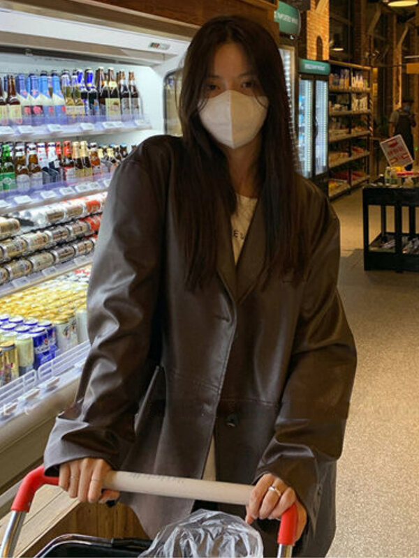 Giacca da motociclista in pelle con bottoni Vintage moda donna blazer in pelle sottile allentata coreana donna Casual Streetwear PU Chic cappotti