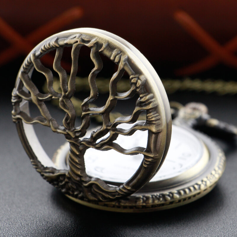 앤티크 할로우 양각 쿼츠 포켓 시계, 청동 빈티지 포브 체인 펜던트 액세서리, 최고의 생명의 나무, 남성용 선물