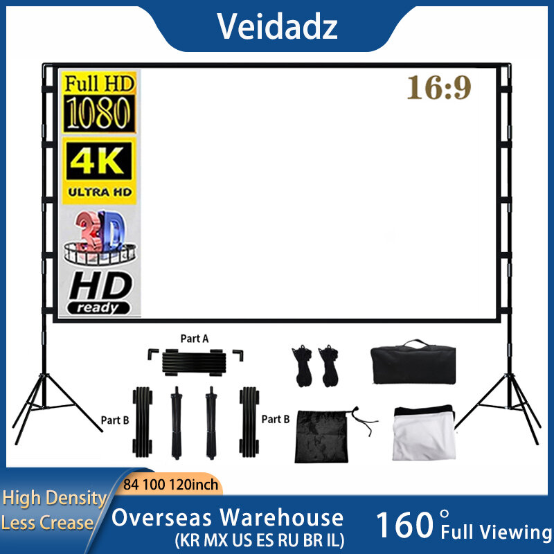 Экран для проектора VEIDADZ с подставкой, мягкий белый, без складок, 60, 84, 100,120,дюйма, с сумкой для переноски, складной двойной уличный экран для штатива