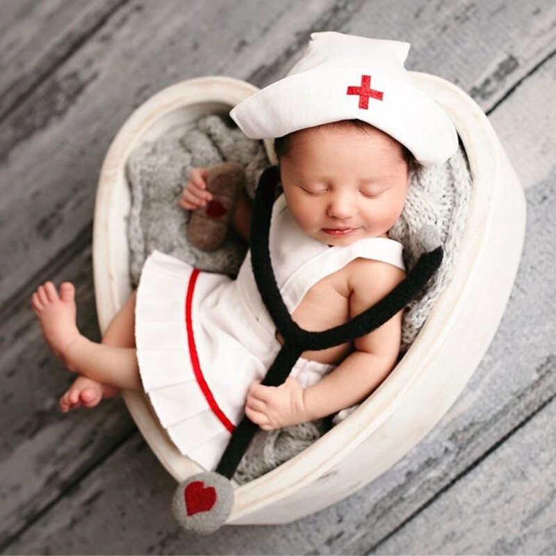 Noworodek prezent na baby shower rekwizyty fotograficzne mundurek pielęgniarki kapelusz fartuch 0-12M strój fotograficzny dla