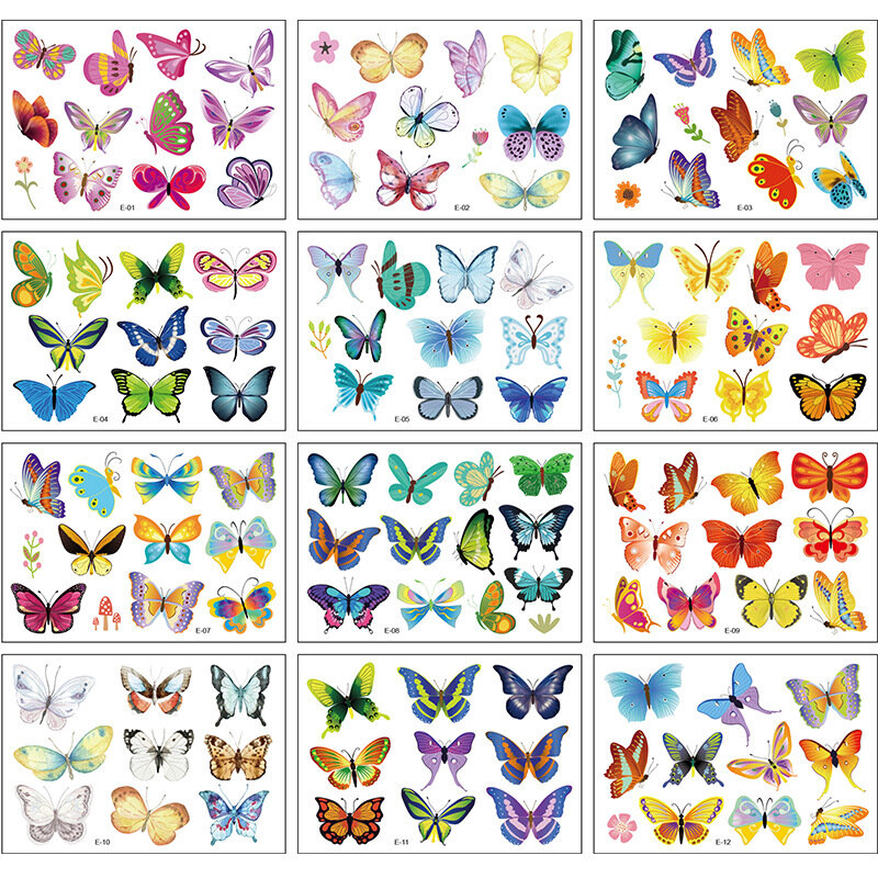 12 pegatinas de tatuaje de dibujos animados para niños, pegatinas de tatuaje de mariposa coloridas, tatuajes temporales bonitos, impermeables