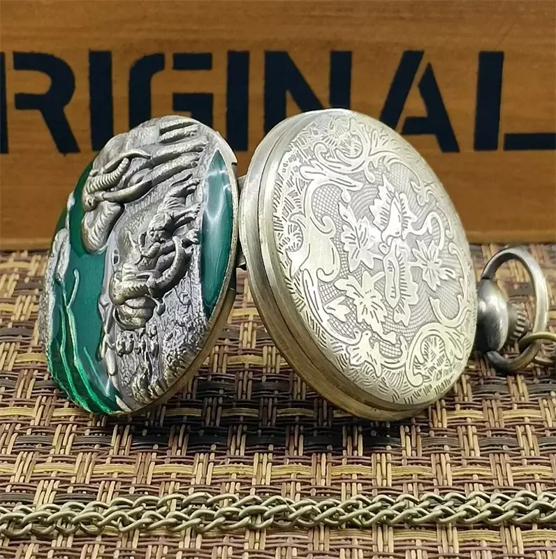 Jam tangan saku kerajinan logam antik untuk pria, jam perhiasan seni Resin, kalung gajah Steampunk, liontin