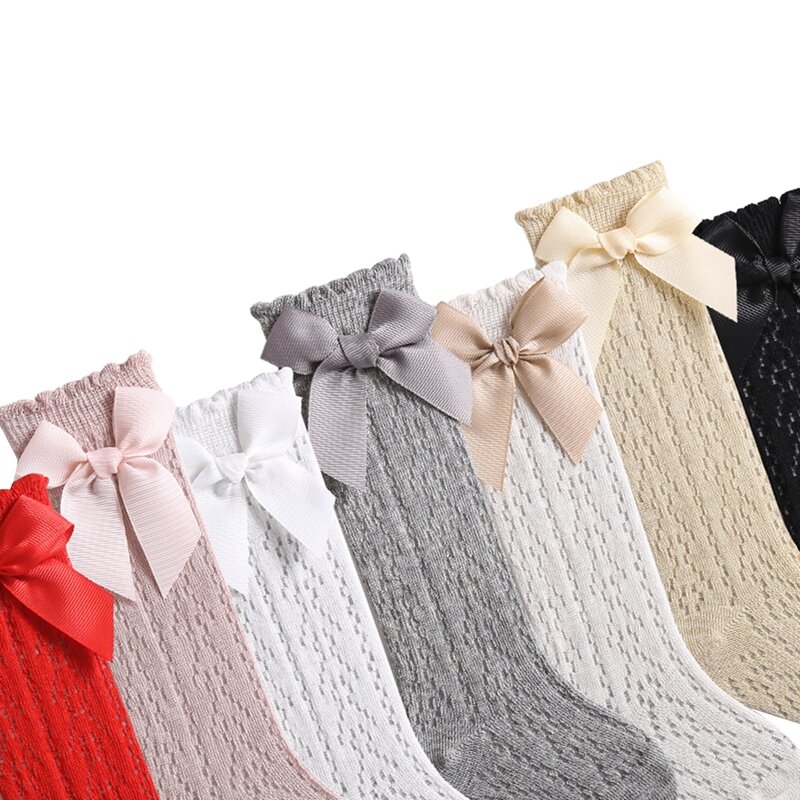 Infant Baby Girls Long Stockings Princess Solid Color Cute Bowknot Socks Spring Summer Thin Mesh Over-The-Knee Socks