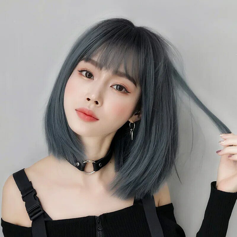 Fashion Short Bob 36CM Fluffy Natural Straight Hair Wig with Bangs for Woman Synthetic Fiber Full Wigs for Daily Casual