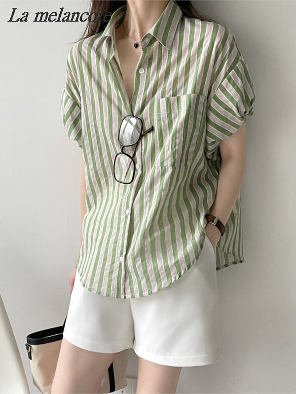 Camisa listrada para as mulheres, nova moda, algodão, gola redonda, manga de ombro, simples, blusa solta botão, verão, 2024