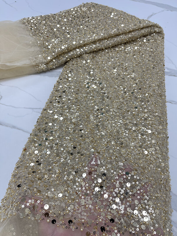 PGC gaun malam renda manik-manik perak berat dengan manik-manik untuk gaun pengantin gaun malam mewah renda Prancis 5 yard