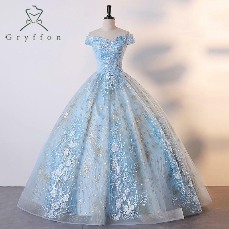 Quinceanera azul claro do vestido de festa do ombro, vestido de baile, vestido de baile Shinny Sequin, plus size, vestidos luxuosos