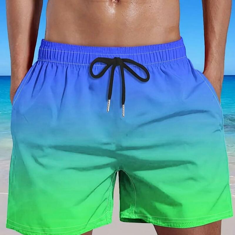 Adjustable Drawstring Gym Shorts Men's Quick-dry Beach Shorts with Elastic Drawstring Waist Gradient Color Wide Leg for Fitness