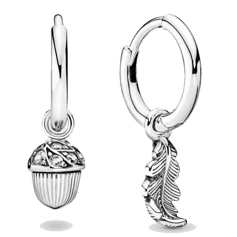 Authentic 925 Sterling Silver Earring Rose Large&Small Asymmetric Hearts of Love Acorn & Leaf Earring For Women Fashion Jewelry