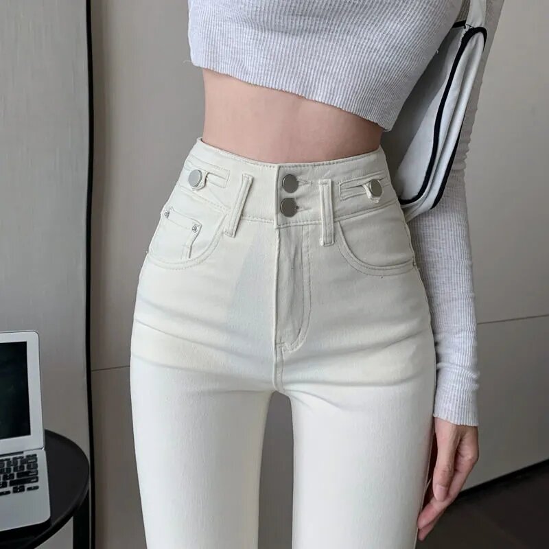 Koreańska moda morelowa spodnie obcisłe kobiety wysoki stan jeansy ze streczem spodnie Sexy ołówkowa Capris Streetwear Hip Lift denimowe legginsy