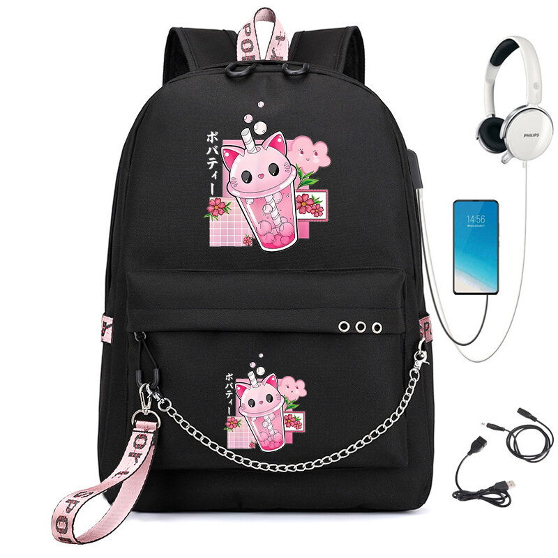 Sweet Cute Nylon Backpack for Women Classic Causal Designer Girl Backpack Bag Boba Milk Cartoon Fashion School Bag for Girl
