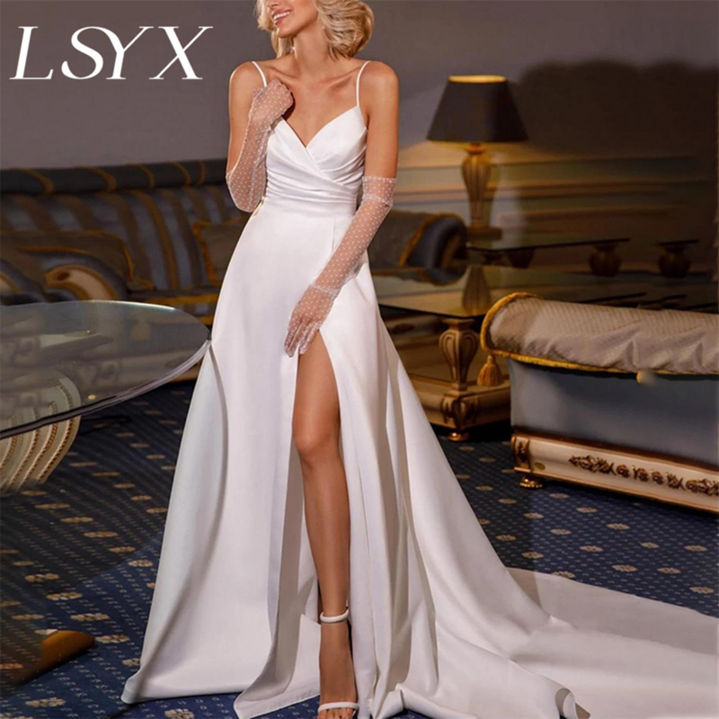 LSYX Comes With Gloves V-Neck Sleeveless Pleats Satin A-Line Wedding Dress High Side Slit Court Train Bridal Gown Custom Made
