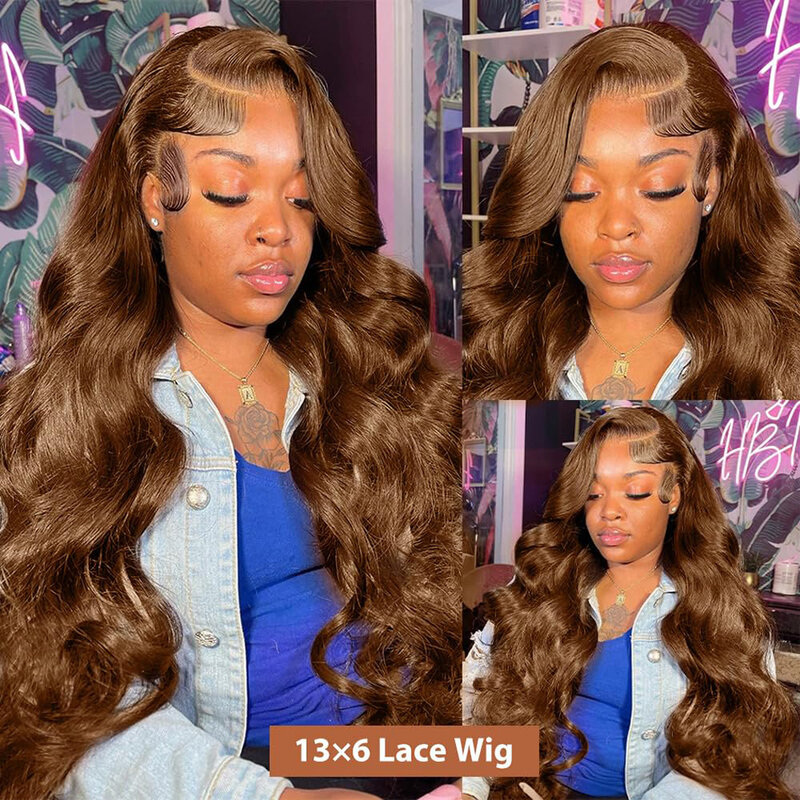Perruque Lace Front Wig Body Wave sans colle naturelle, cheveux humains, brun chocolat, 13x6, 13x4 HD Transparent, 180%