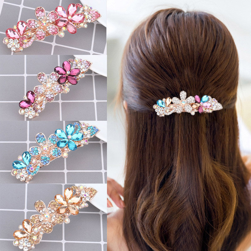 Pince à cheveux à fleurs en cristal, coiffure à la mode coréenne, pince à queue de cheval Simple en strass pour femmes
