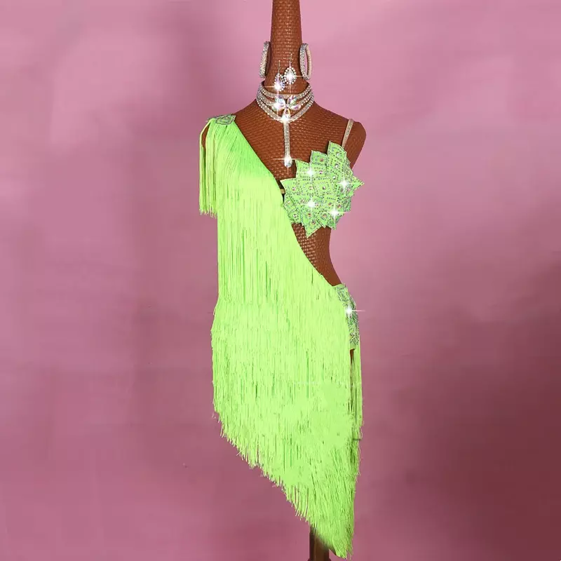 섹시한 여성용 라틴 댄스 원피스, 반짝이는 라인스톤 프린지 드레스, 여아용 라틴 댄스 대회 공연 코스튬