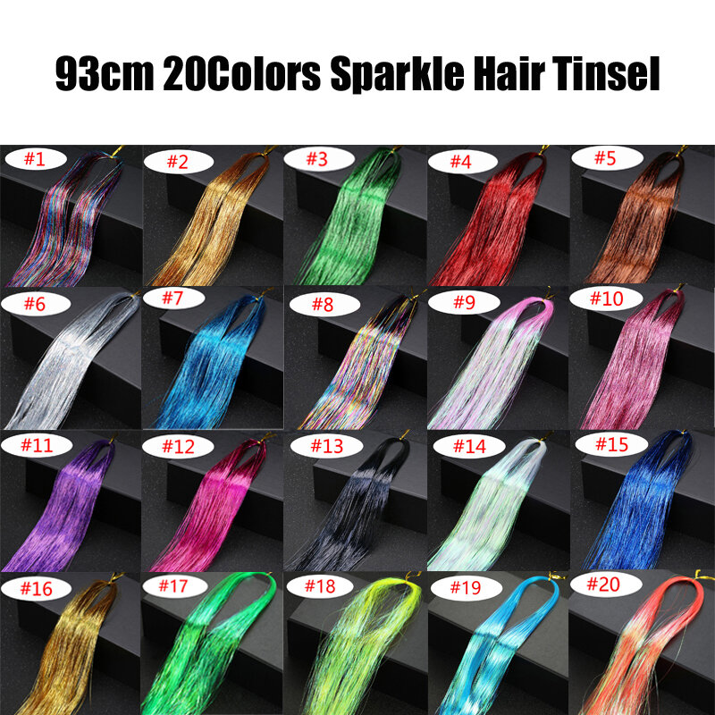 Brilho brilhante cabelo estanho colorido arco-íris extensões de cabelo de seda meninas headwear para trançar cocar 93cm 150 fios/pacote
