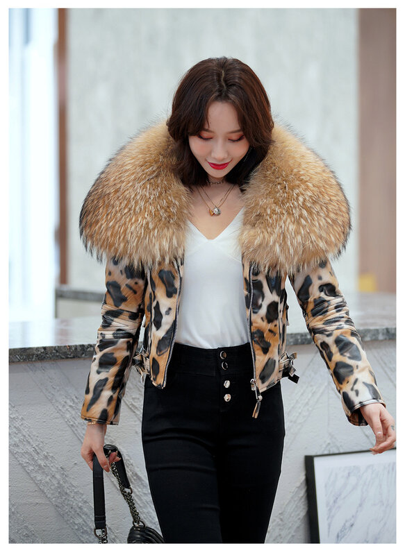 Winter new product short oversized raccoon fur collar slim fit genuine leather jacket Haining sheep skin leopard print