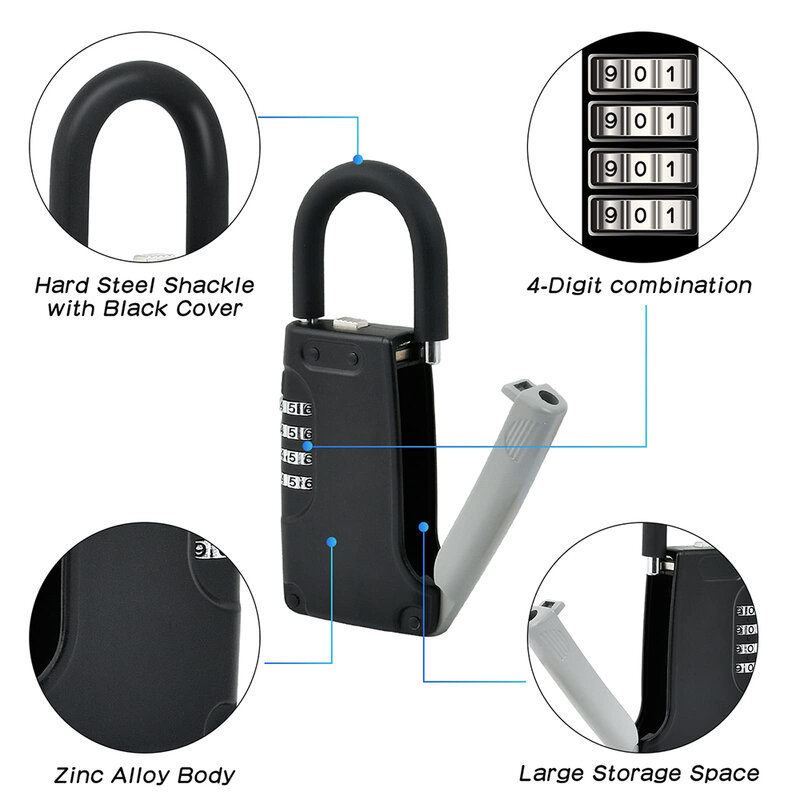 Black Weatherproof Cadeado, Key Lock Box, Combinação pequena, 4 Código Digit, Keys Safe Storage, Realtor Contractor, Casa Fora
