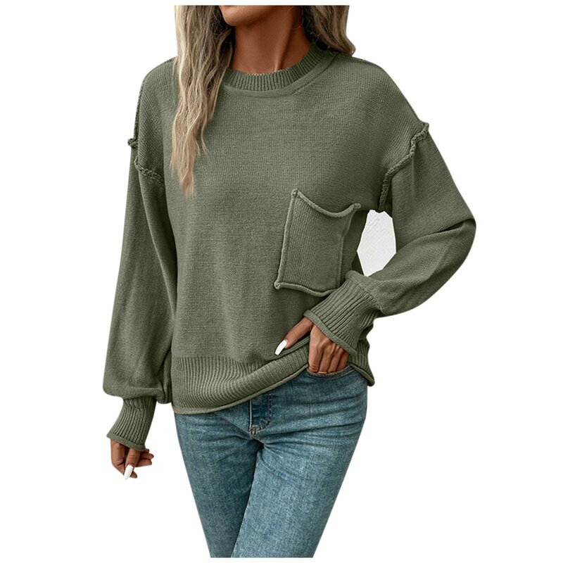 여성 라운드넥 단색 포켓 긴팔 스웨터, 한국 스타일 캐주얼, 패셔너블하고 편안한 질감