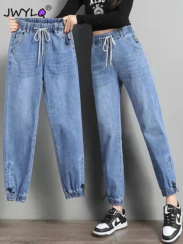 Wysokiej wiązanie w pasie Harem workowate dżinsy kobiet wiosna jesień All-match Streetwear do kostek spodnie jeansowe na co dzień mama Jean New