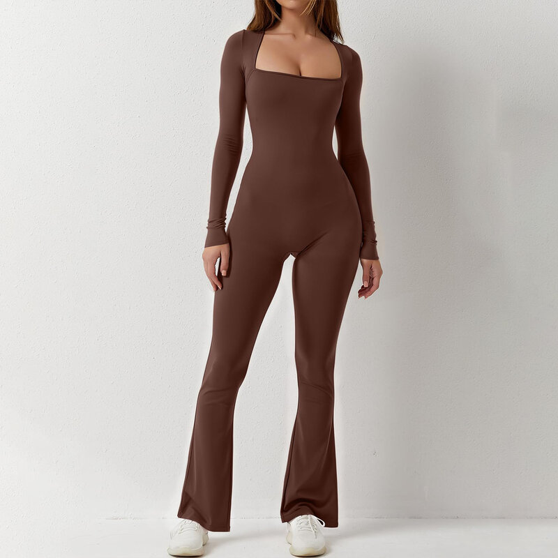 HEZIOWYUN Women's Casual Sporty Basic Jumpsuit Long Sleeve Low Cut Square Neck Solid Color Slim Fit Ladies Fall Rompers Clubwear