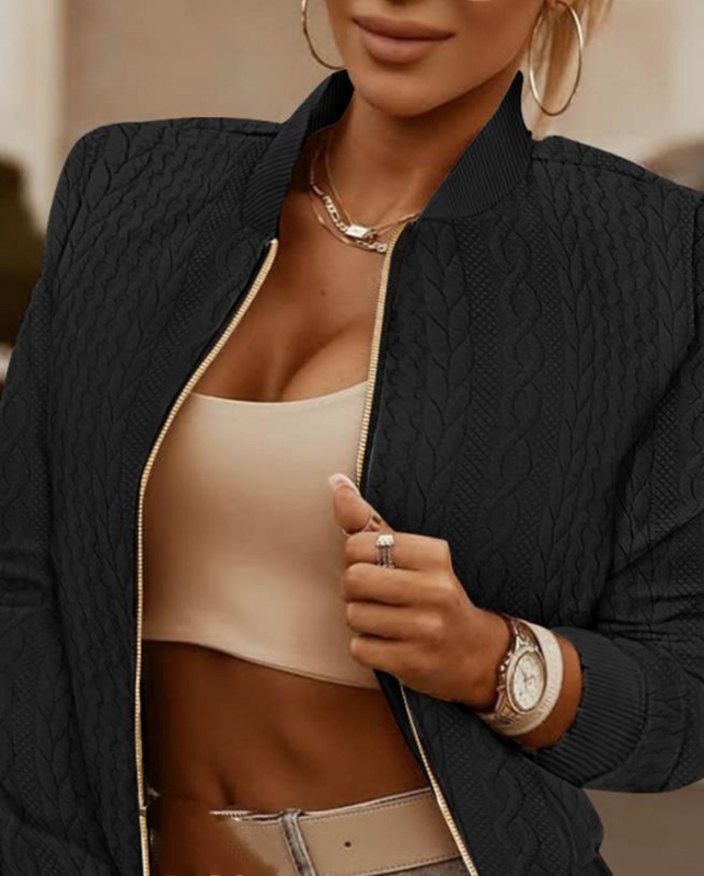 Jaqueta de manga comprida com gola de beisebol e zíper para as mulheres, casaco casual, cor lisa, moda, outono, 2023
