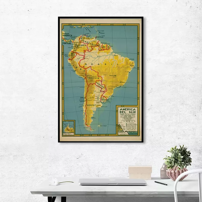 59*84Cm Peta Politik Amerika Selatan Dalam Bahasa Spanyol Retro Dinding Seni Poster Kanvas Lukisan Dekorasi Rumah Anak-anak Perlengkapan Sekolah