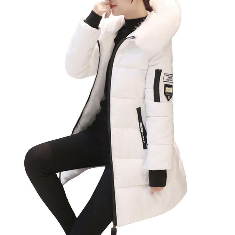 Women Coat Thickened Padded Stuffed Hooded Warm Zipper Pockets Zip Up Long Sleeve Solid Color Slim Down Coat