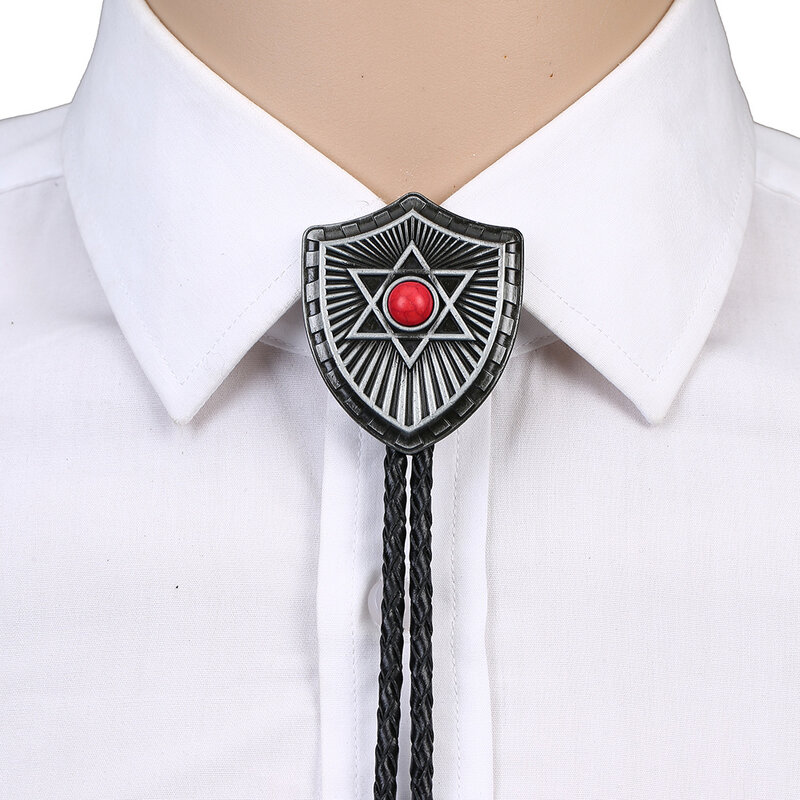 New Corporate Gifts Necktie High Quanlity Braided Cowhide Leather Cord Shield With Ruby Decoration Bolo Bow Tie Workplace