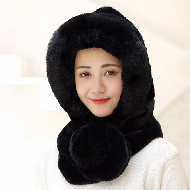 Plush Hat Female Autumn Winter New  Ear Protection Warm Hat Scarf  One Girl Lovely Hat Women Lmitation Fur Coral Velvet Grey