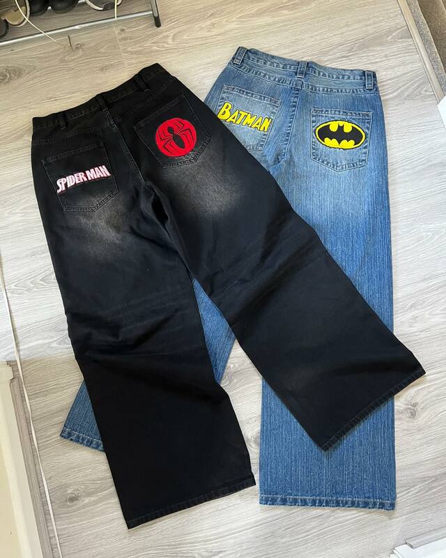 Harajuku Bat Pattern Baggy Jeans para homens e mulheres, calças slouchy, calças de cintura alta, streetwear retrô, azul, Y2K