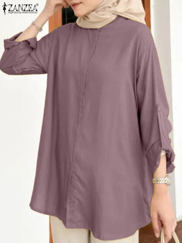 ZANZEA-Chemisier musulman Eid Mubarek pour femme, chemise de travail monochrome, chemise élégante à manches longues, chemise boutonnée en duvet, mode automne 2023