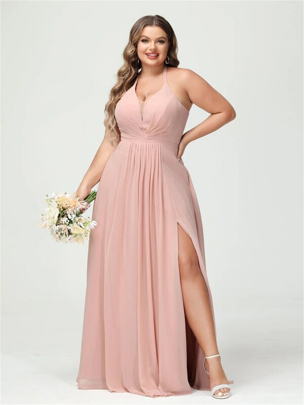 Elegant Plus Size V-Neck Chiffon Bridesmaid Dresses for Wedding High Slit A-Line Backless Pleated Formal Party Gowns With Pocket
