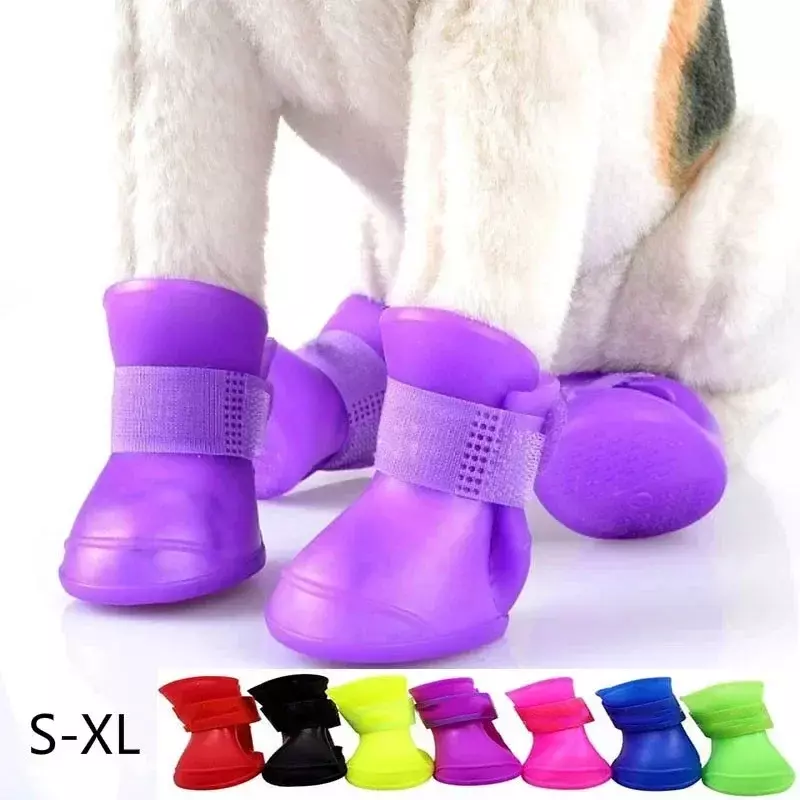 Sepatu hujan tahan air hewan peliharaan, 4 buah sepatu bot karet antiselip untuk anjing kucing kecil sedang besar, sepatu bot pergelangan kaki anjing Aksesori hewan peliharaan