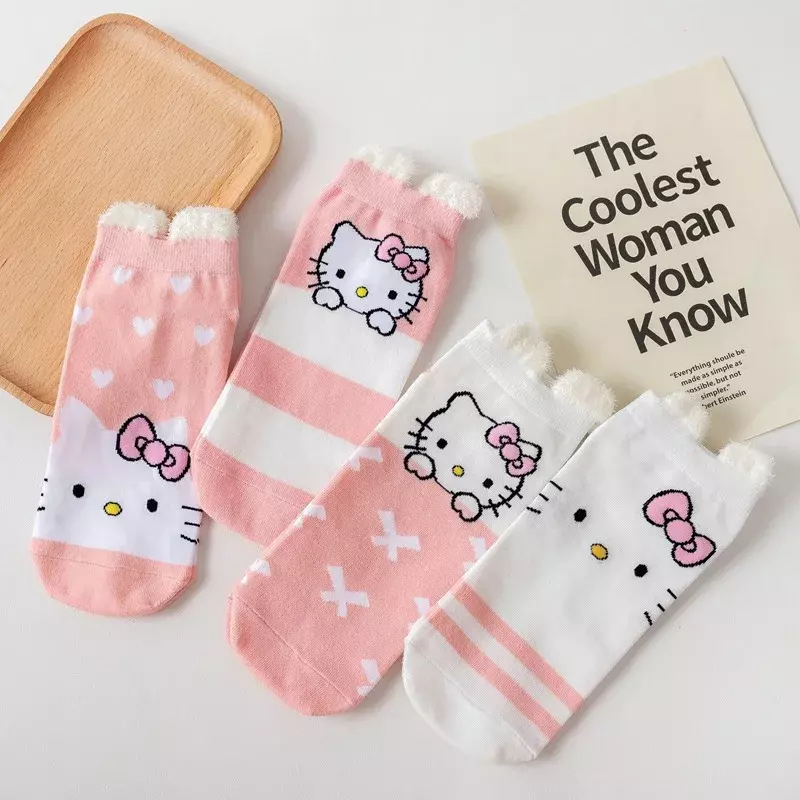 Hello Kitty Cartoon Chaussettes imprimées pour filles, oreilles de chat KT roses, chaussette en coton pour femme, chaussette bateau, chat mignon, bouche peu profonde