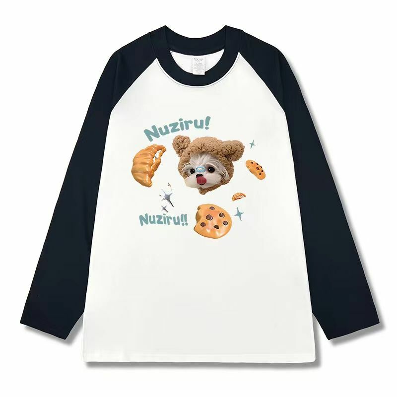 2023 숄더 래글런 솔트 긴팔 동물 패턴, 귀여운 캠퍼스 티셔츠, 루즈 탑, 한국 버전 틈새, 귀여운 옷, 신상