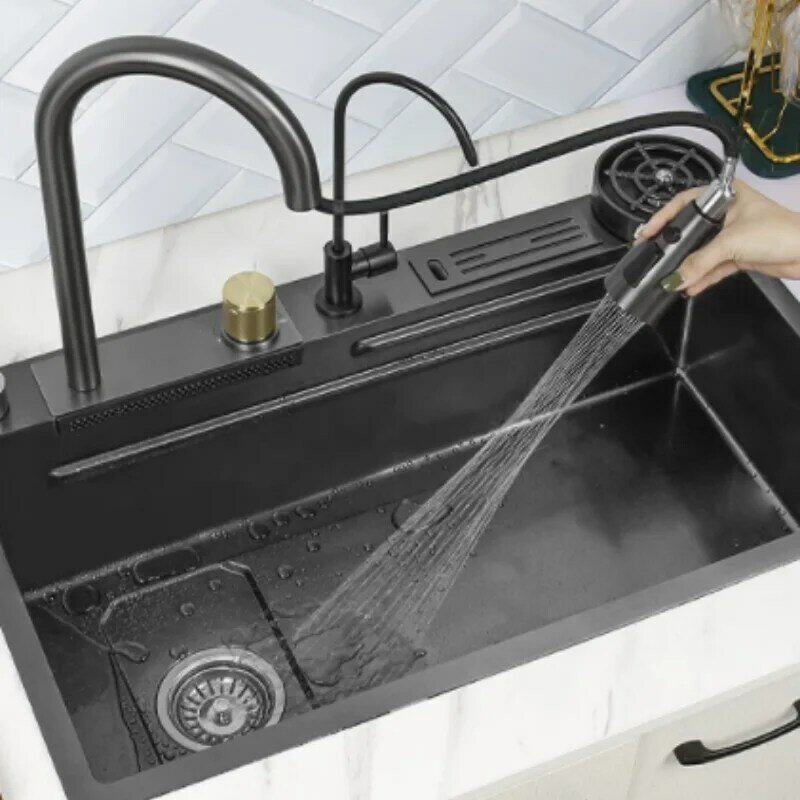304 Edelstahl Küche Wasserfall Spüle Digital anzeige große Einzel waschbecken Spüle Waschbecken mit Multifunktions-Touch Wasserfall