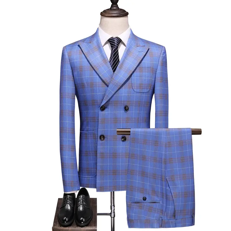 New Men Double Breasted Plaid Suit Coat Pants 2 Pcs Set / Male Slim Fit Business Wedding Blazers Jacket Trousers