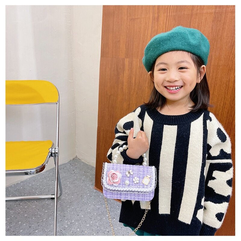 Маленькая квадратная сумка с цветочным украшением, новая миниатюрная сумка через плечо с жемчужными ручками, Детская сумка через плечо в Корейском стиле