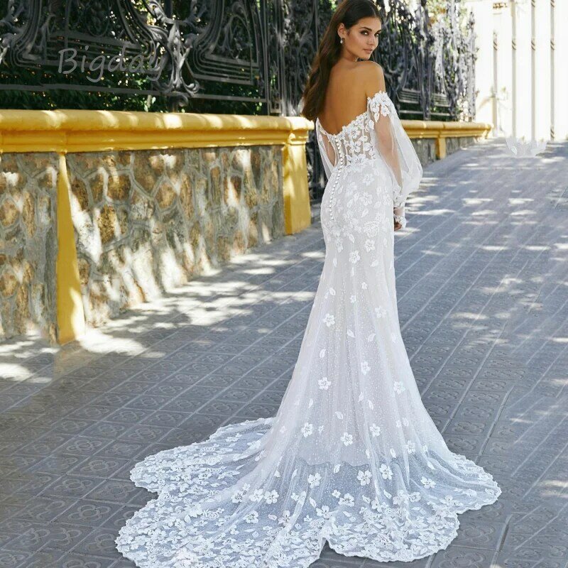 Elegant Mermaid Wedding Dress For Women White Sweetheart Lace Applique Long Sleeve Open Back Bridal Gown Train Vestidos De Novia