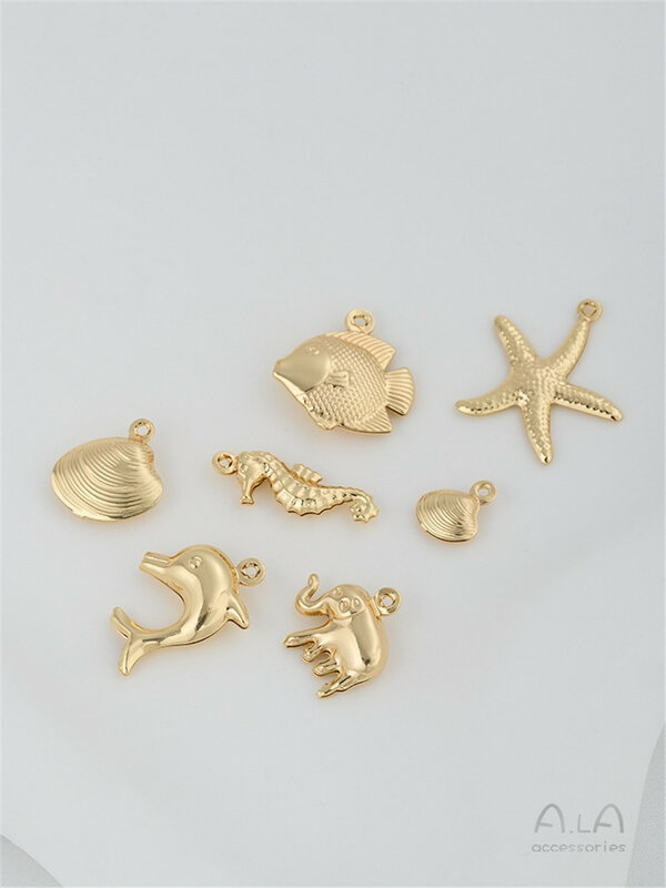 Paquete de oro de 14K, colgante de la serie de biología marina, concha de delfín, estrella de mar, elefante, accesorios de joyería DIY B360