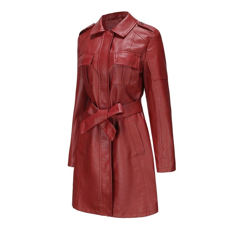Abrigo de cuero de longitud media para mujer, abrigo informal de PU, a prueba de viento, a la moda, primavera y otoño