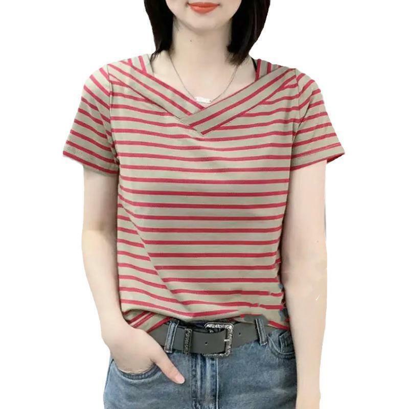 Elegante Mode Harajuku Slim Fit weibliche Kleidung locker lässig alle Match T-Shirts Streifen V-Ausschnitt Patchwork Kurzarm T-Shirts
