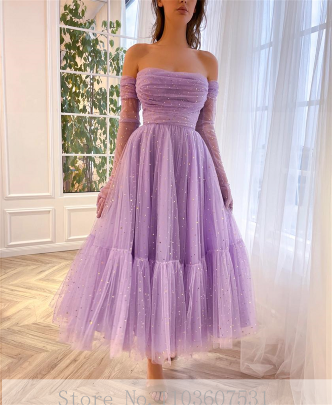 Boat Collar Strapless Pleated Tulle Sequins Prom Dress for Women Elegant A-line Tea-Length Prom Gown robe de mariée