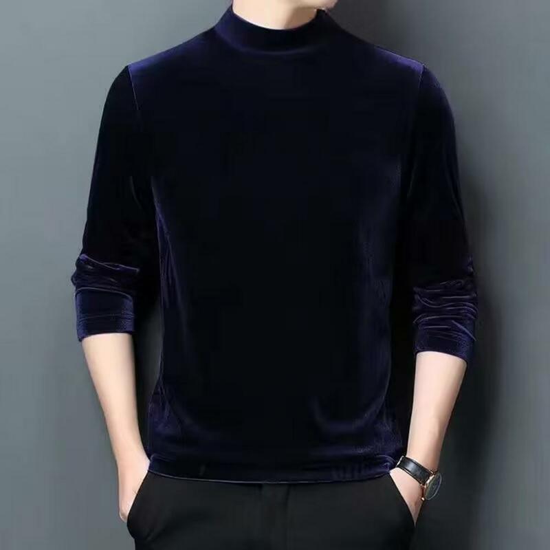 Half-high Collar Thin T Shirt for Men Basic T Shirt Fleece Autumn Winter Long Sleeve Tops Undershirt Solid Color 2024 New